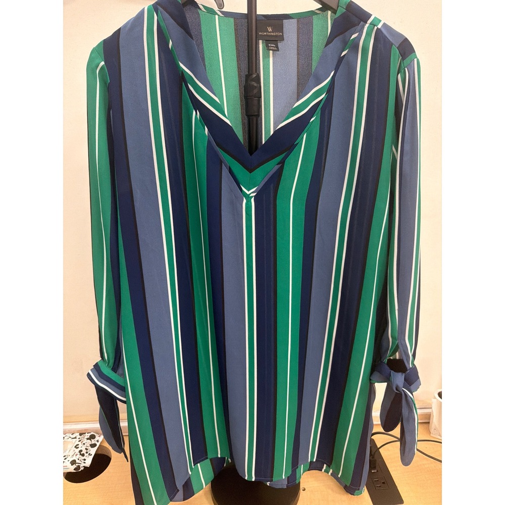Worthington XXL Green Blue Striped V-Neck Blouse Tie Sleeve Top